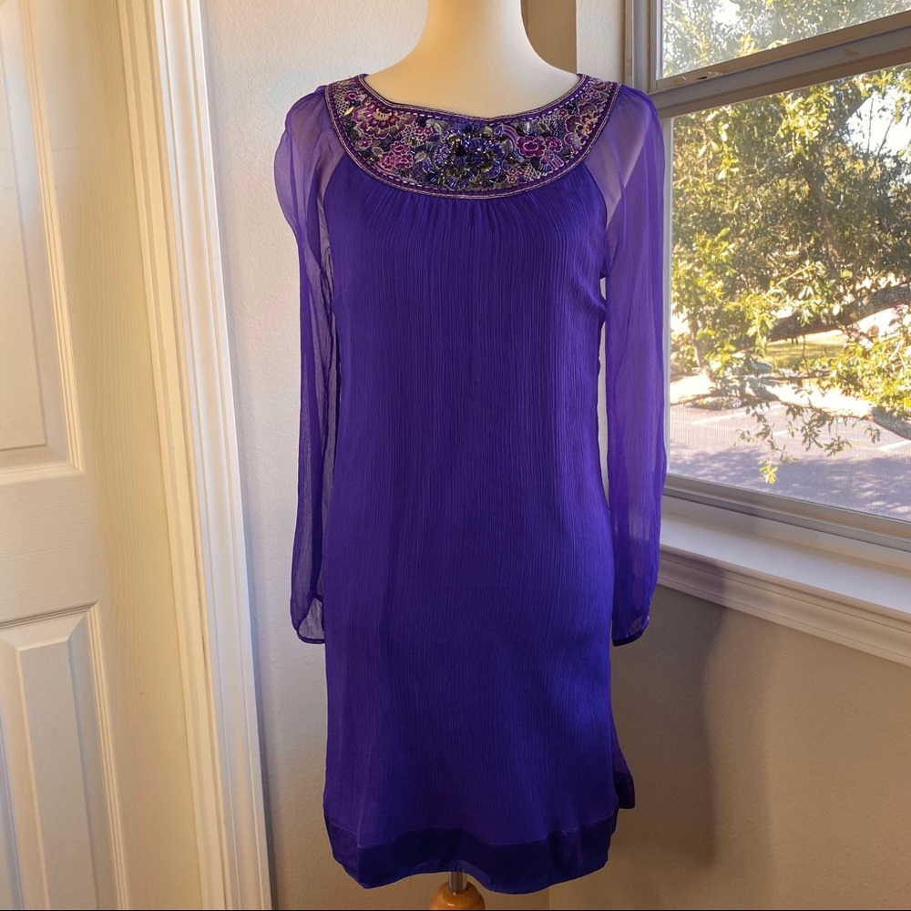 Vtg Monsoon Silk Dress Purple Chiffon Embellished